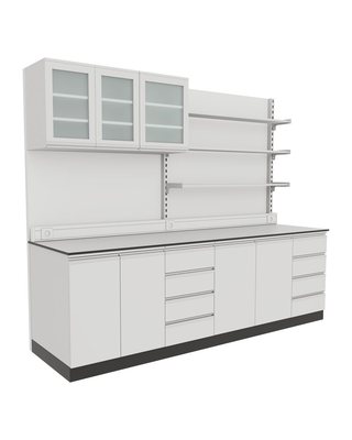 Plinth Wall Bench with Upper Glass-Door Cabinets and Full-Length Shelving