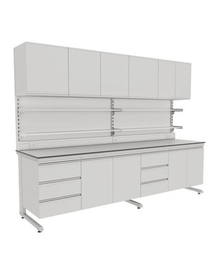 C-Frame Wall Bench with Upper Door Cabinets and Short Shelves