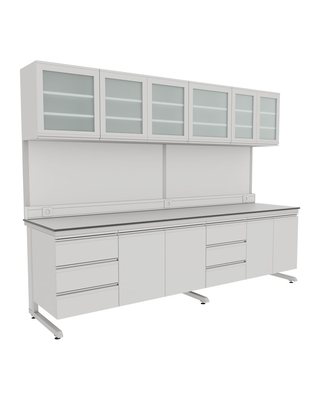 C-Frame Wall Bench with Upper Glass-Door Cabinets