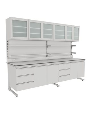 C-Frame Wall Bench with Glass Wall Cabinets and Short Shelves