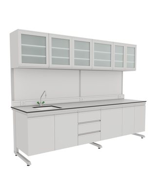 C-Frame Wall Bench with Upper Glass-Door Cabinets and Sink