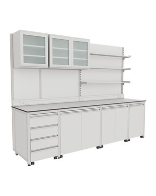 H-Frame Wall Bench with Glass Cabinets and Full-Length Shelving