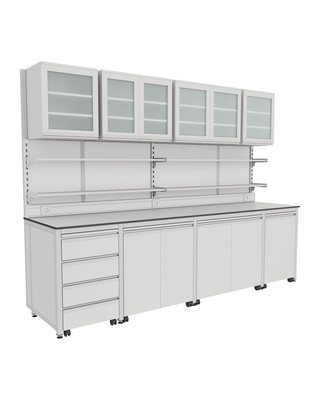H-Frame Wall Bench with Glass Wall Cabinets and Short Shelves