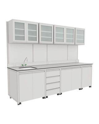 H-Frame Wall Bench with Glass-Door Cabinets and Sink