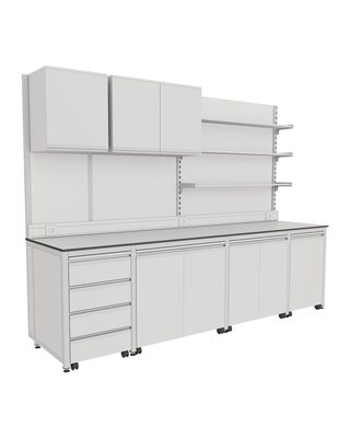 H-Frame Wall Bench with Cabinets and Full-Length Shelving