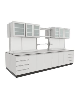 Plinth Island Bench with Upper Shelving and Glass-Door Cabinets
