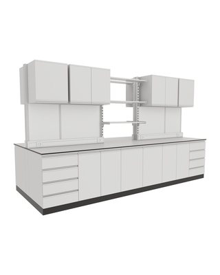 Plinth Island Bench with Upper Shelving and Cabinets