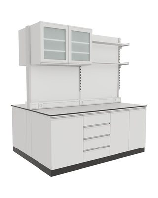 Plinth Island Bench with Upper Shelving and Cabinets