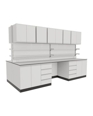 Plinth Island Bench with Upper Shelving and Cabinets