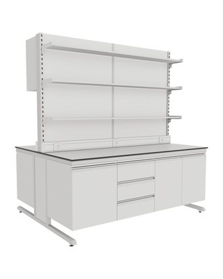 C-Frame Island Bench with Upper Full-Length Shelving and Cabinets