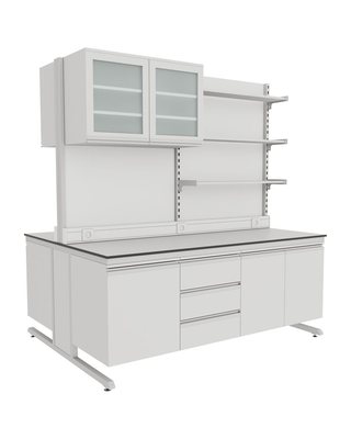 C-Frame Island Bench with Glass-Door Cabinets and Full-Length Shelving