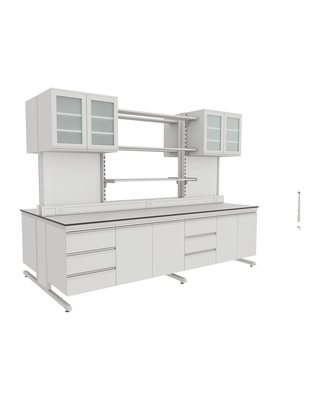 C-Frame Island Bench with Glass-Door Cabinets and Full-Length Shelving