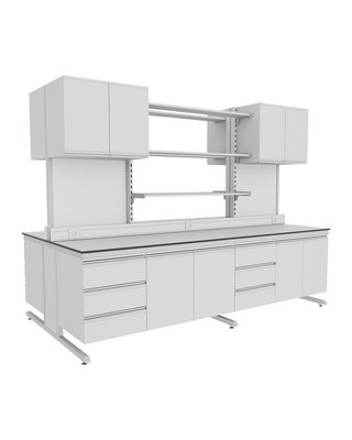 C-Frame Island Bench with Cabinets and Full-Length Shelving
