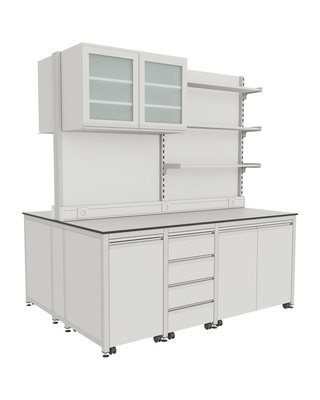 H-Frame Island Bench with Glass-Door Cabinets and Full-Length Shelving