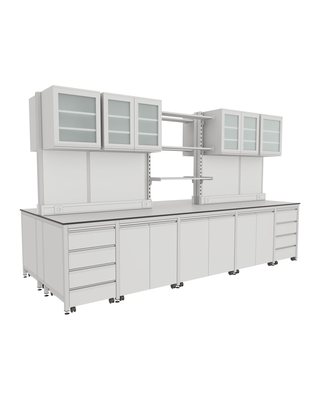 H-Frame Island Bench with Glass-Door Cabinets and Centre Shelving