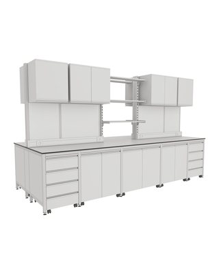 H-Frame Island Bench with Upper Shelving and Cabinets