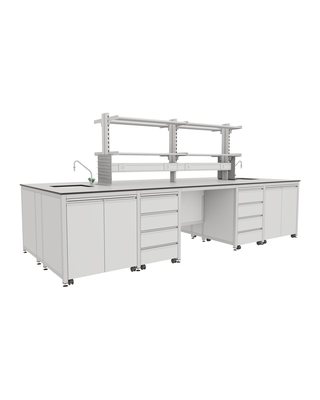 H-Frame Island Bench with Upper Shelving and Two Sinks